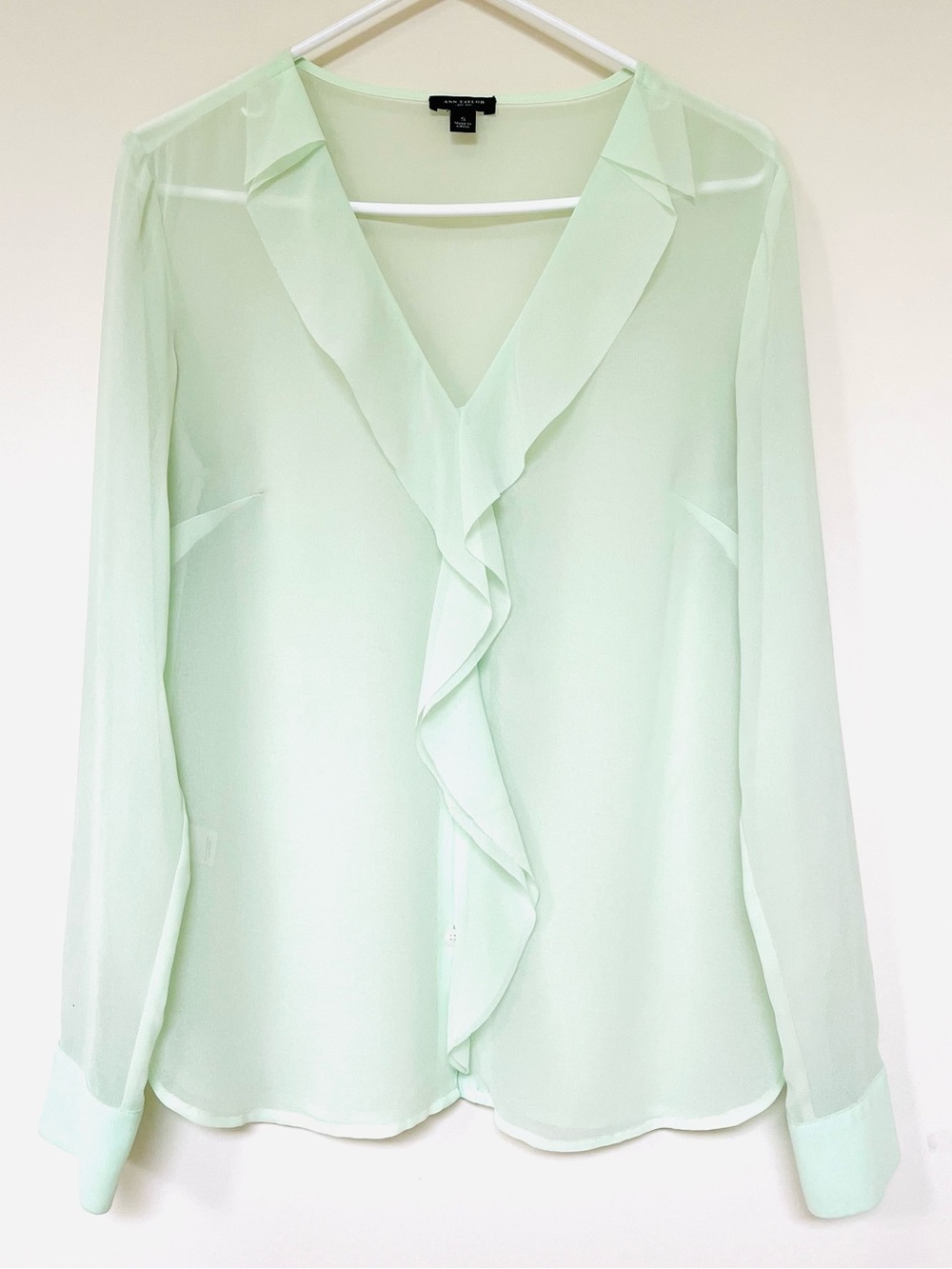 Sheer, Feminine & Ruffled Blouse by Ann Taylor in a Soft Mint Green ~ Size Small